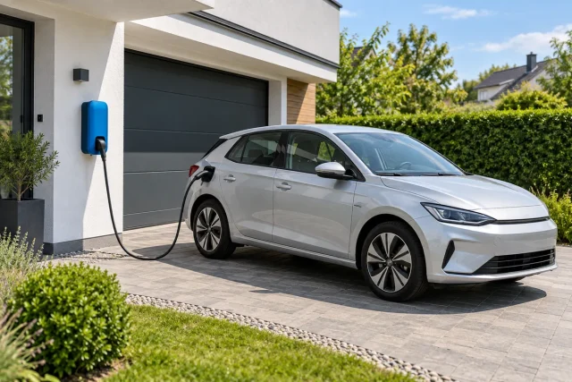 Ilustračný elektromobil pripojený k domácemu nabíjaciemu zariadeniu
