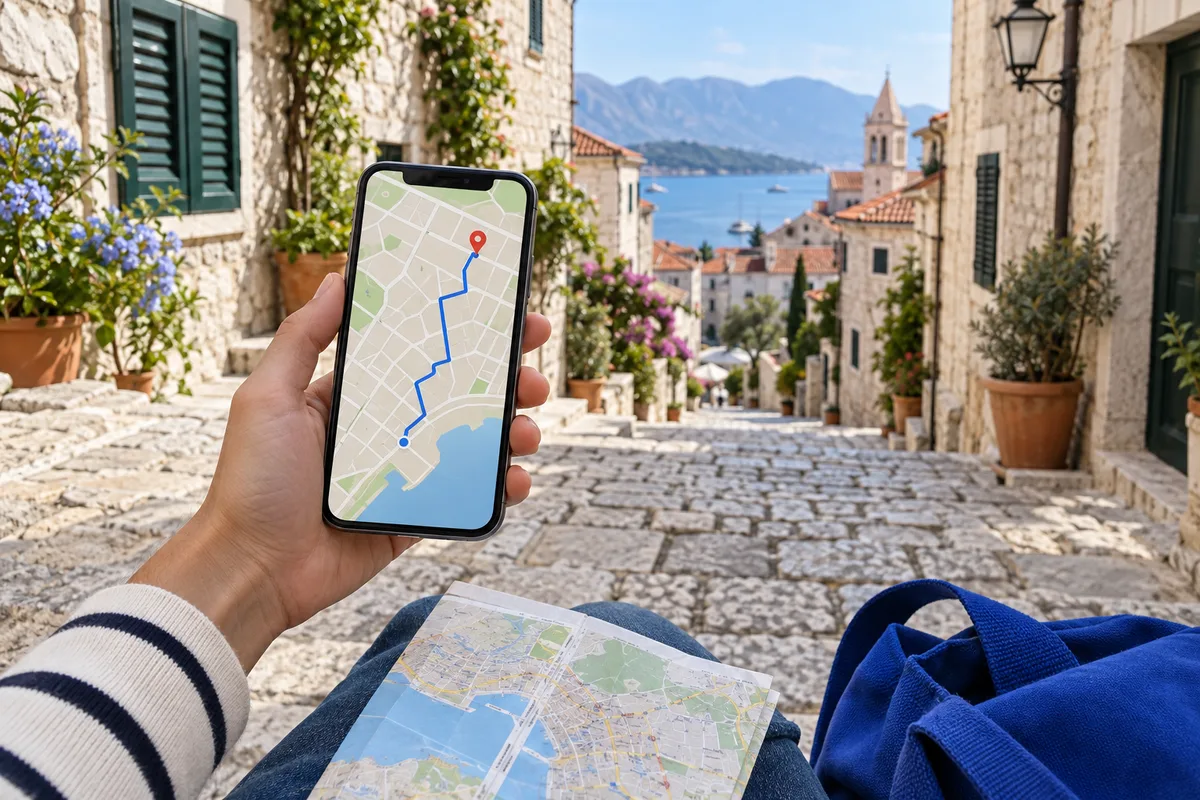 Ilustračný telefón s mapou a modrou trasou v európskej ulici